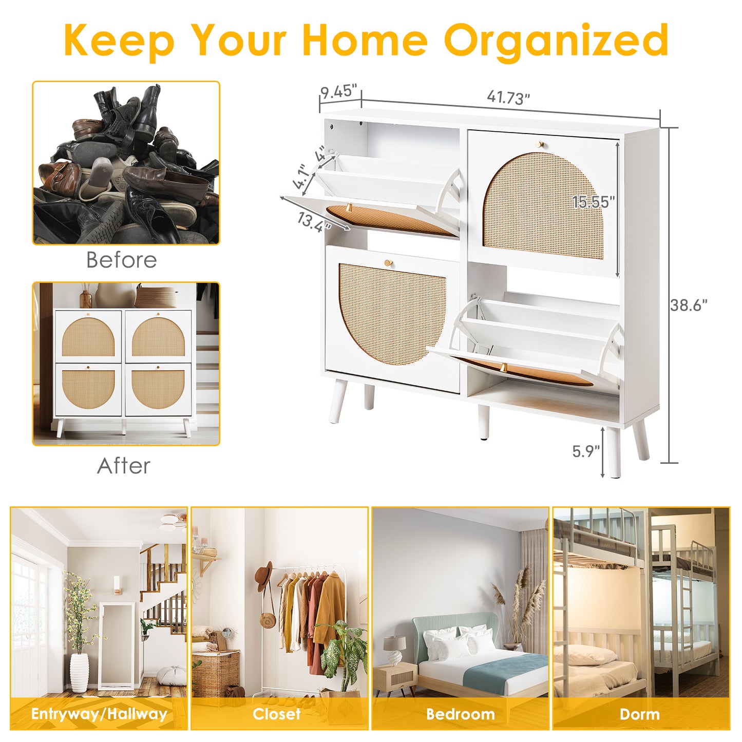 2-Row 4-Bucket Rattan Shoe Cabinet, White & Wood Finish w/ Gold High Legs