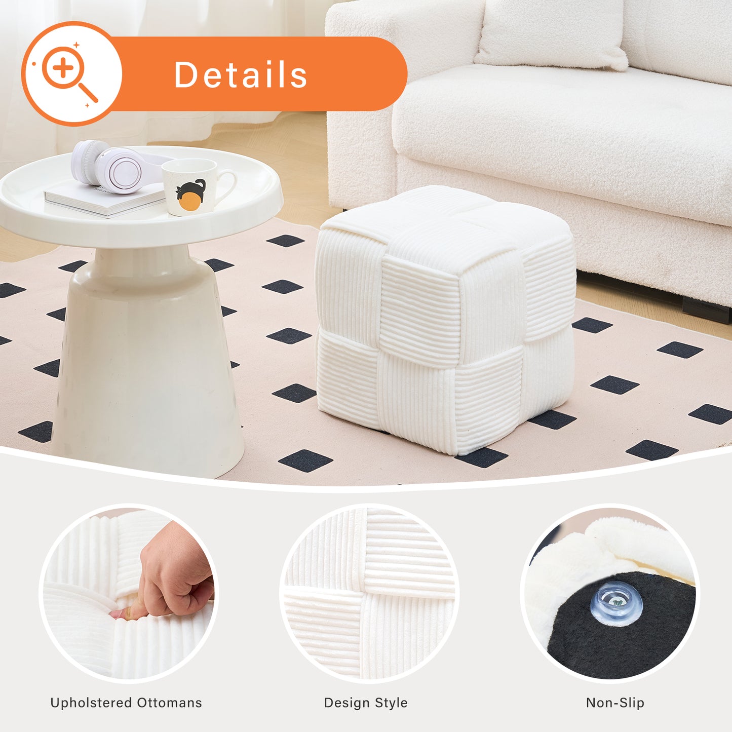 White Corduroy Ottoman Vanity Stool – Square Footrest for Bedroom & Entryway