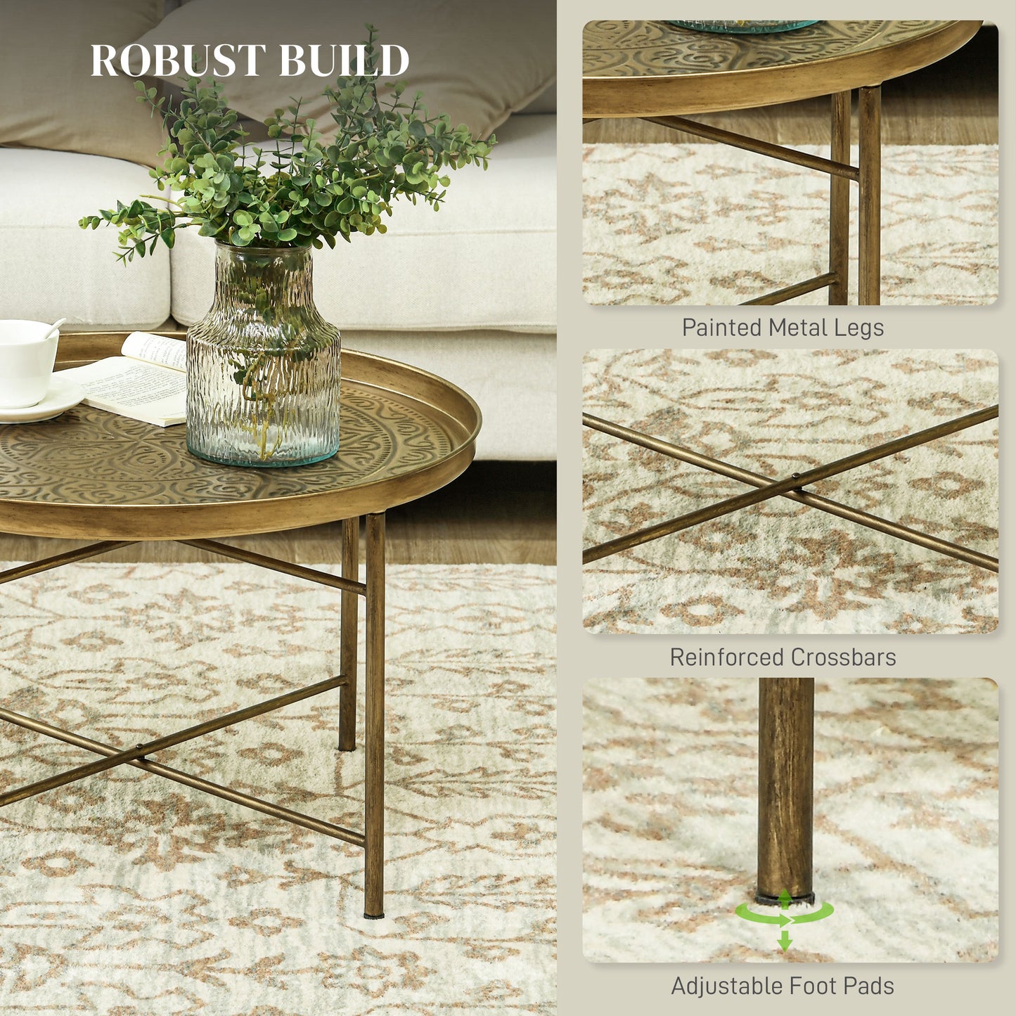 Round Hammered Gold Metal Coffee Table – 24” Sculpted Accent Table