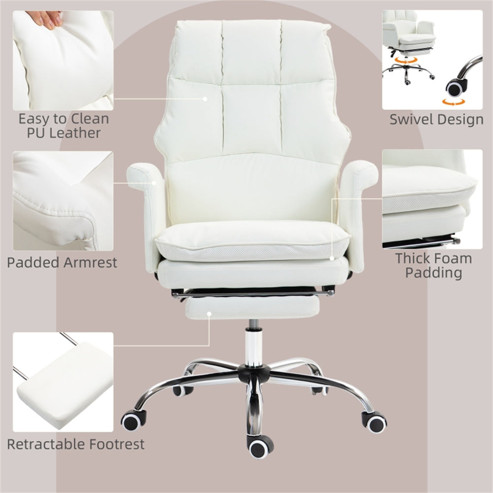 White Massage Office Chair with Reclining Back, Footrest & PU Leather Finish