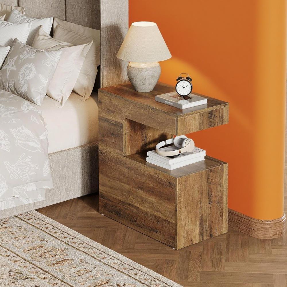 C-Shaped End Table with Shelf – Rustic Side Coffee Table for Couch, Bed & Living Room