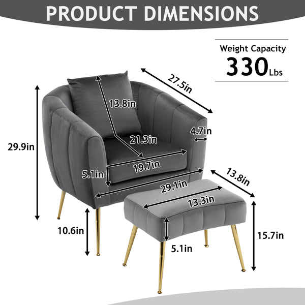 Velvet Barrel Chair with Ottoman & Lumbar Pillow – Gray Accent Set