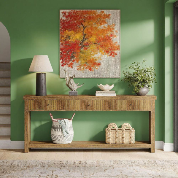 71" Oak Long Console Table – Fluted Drawers & Open Shelf Storage by Tribesigns