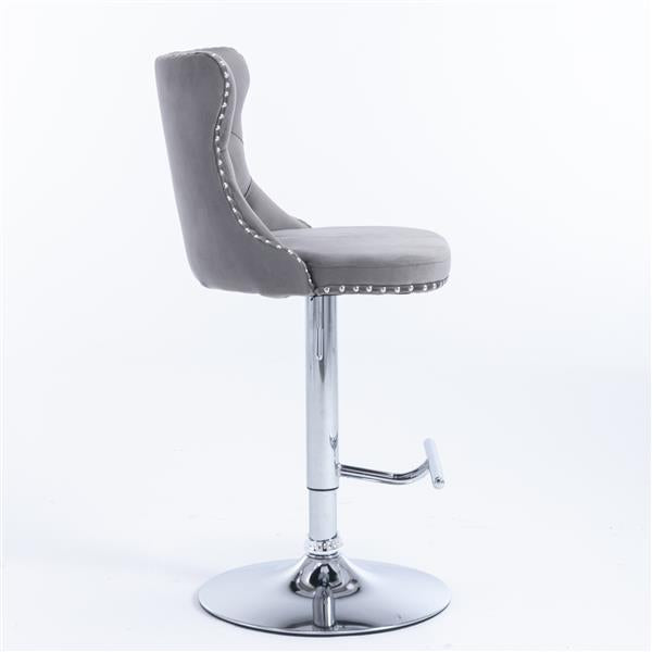 Set of 2 Gray Velvet Swivel Barstools, Adjustable Height 25–33", with Backs