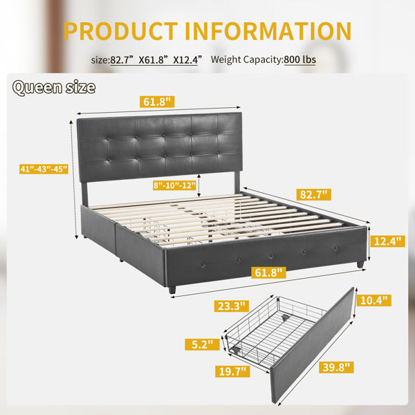 Queen Upholstered Platform Bed with 4 Drawers & Adjustable Tufted Headboard