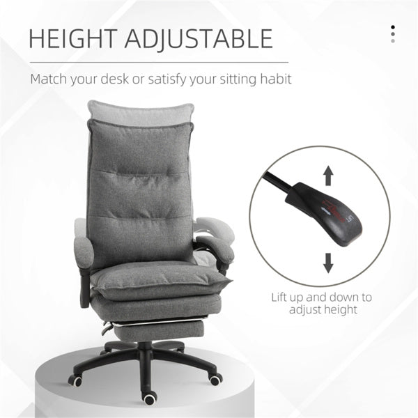Grey High-Back Reclining Office Chair with Footrest & Linen-Style Upholstery