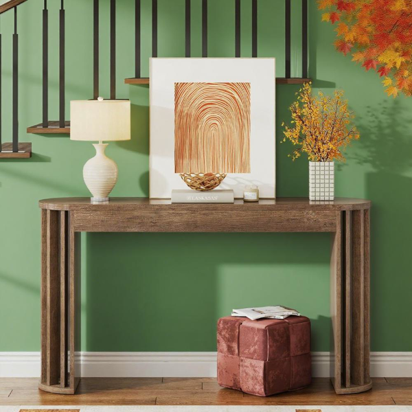 59" Vintage Wood Console Table with Curved Base – Rustic Entryway & Sofa Accent