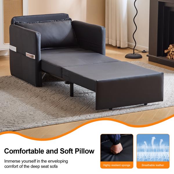 3-in-1 Sleeper Chair Bed with USB Tray, Black Leather Convertible Sofa