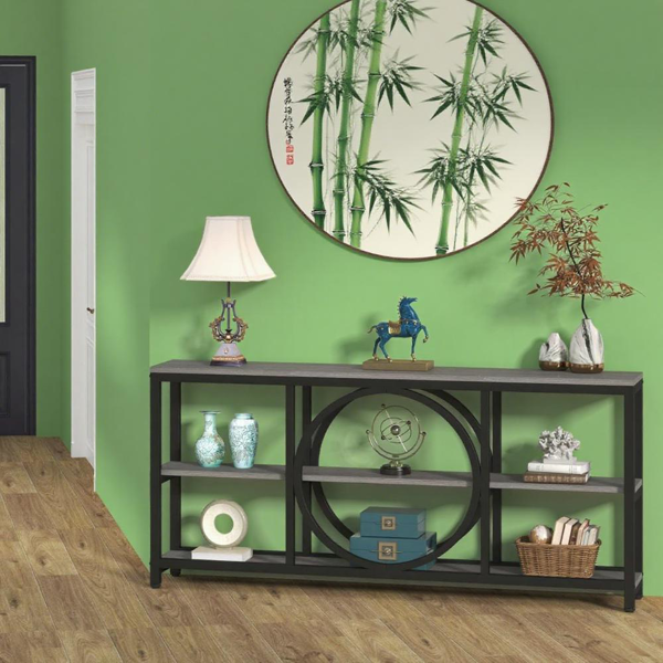 70.9" Rustic Gray Console Table with 3-Tier Shelves – Industrial Entryway Accent