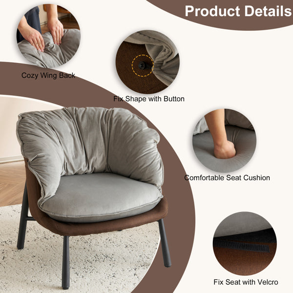 Modern Velvet Barrel Accent Chair with Metal Legs – Gray Armchair
