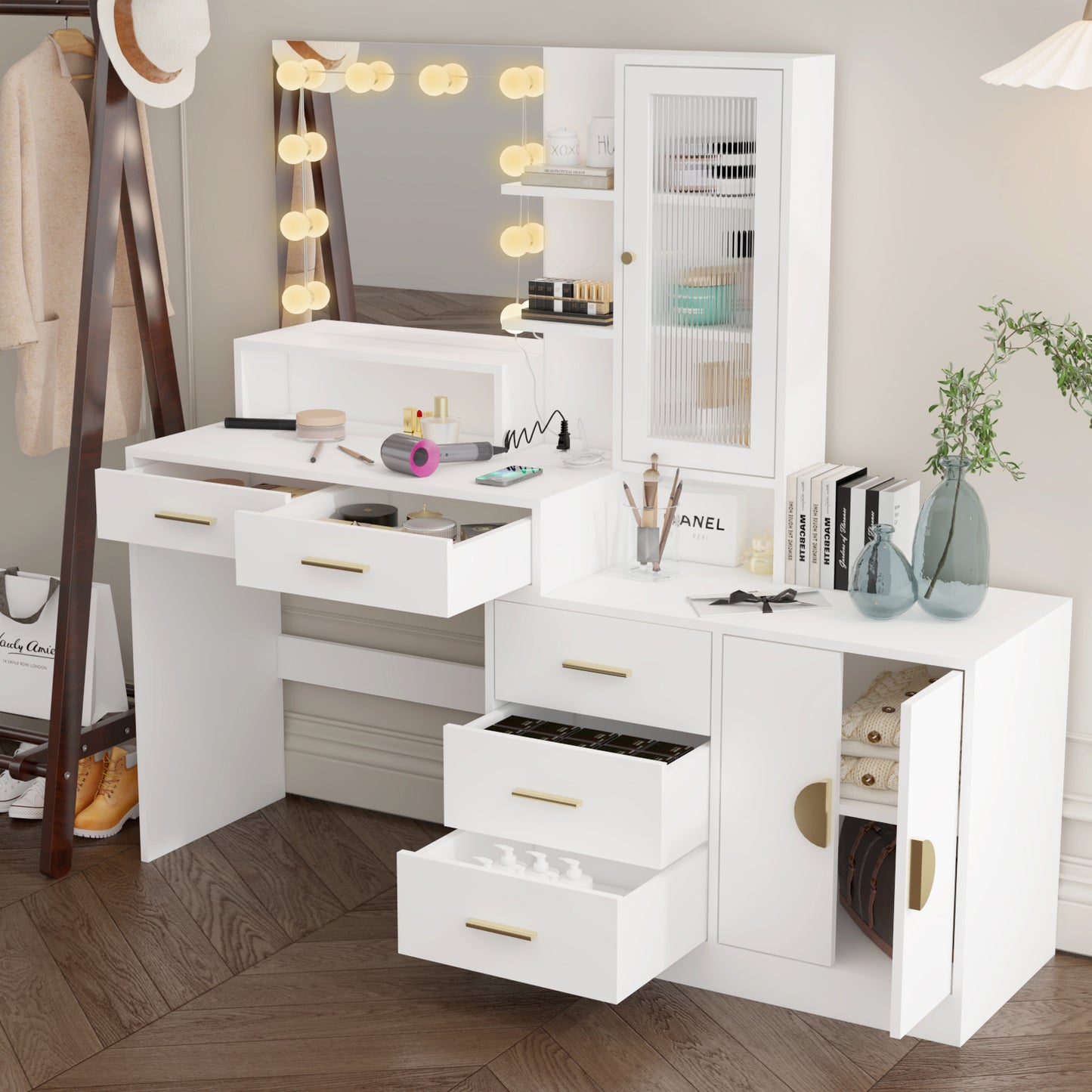 Large Vanity Table with Mirror, LED Lights, Drawers & Charging Station, White