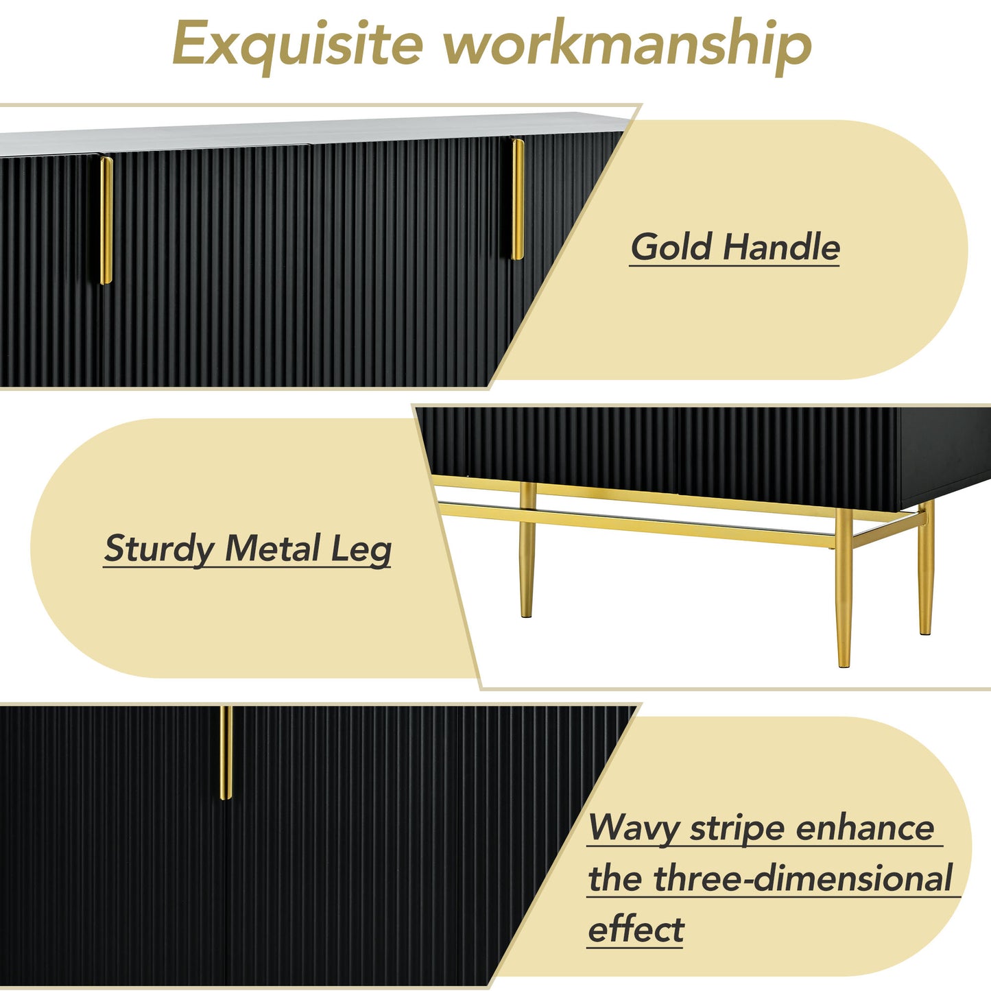 Modern 4-Door Sideboard Buffet Cabinet with Gold Handles, Black for Home Use
