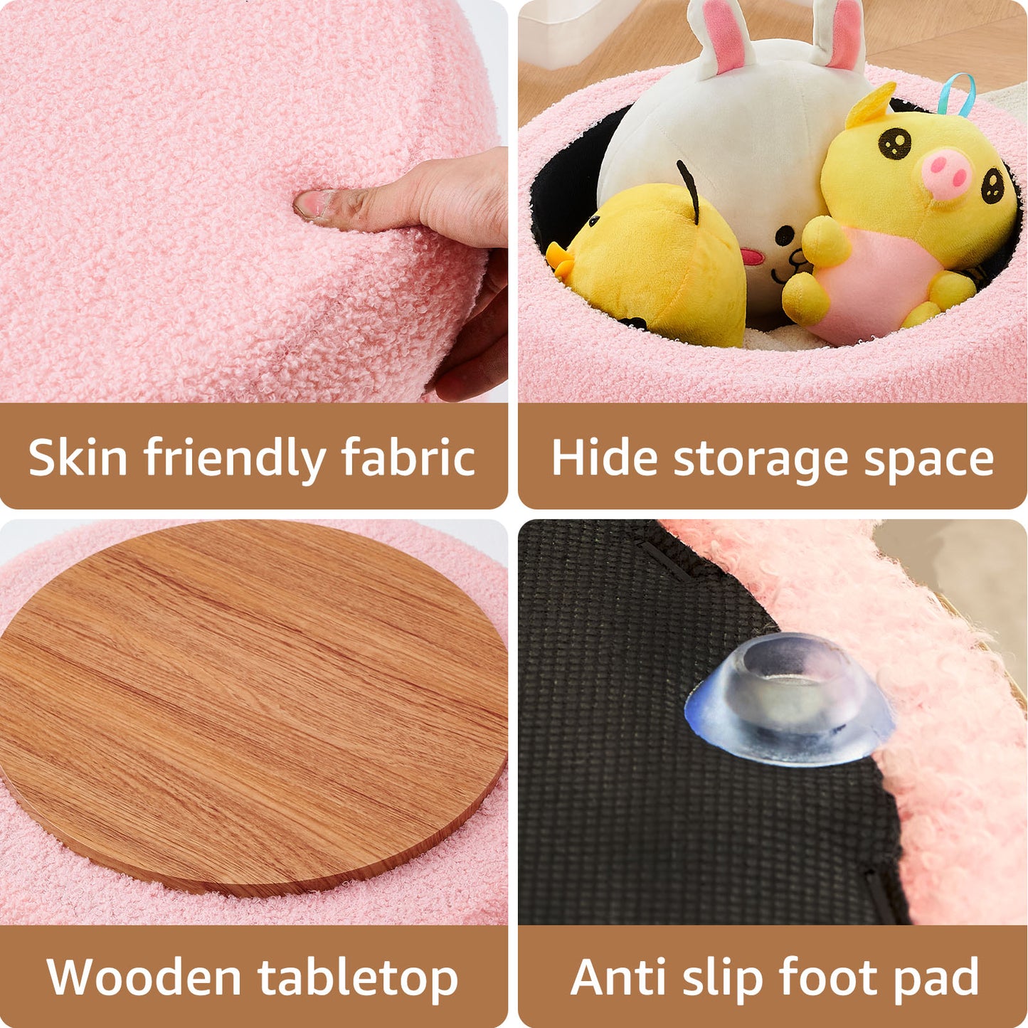 Round Shape Storage Ottoman Stool with Flip Tray, Vanity & Footrest Chair, Pink