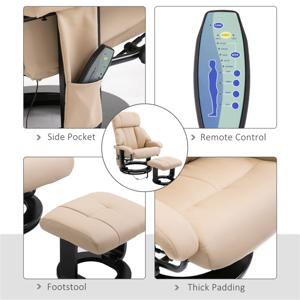 PU Leather Massage Recliner Chair with Ottoman & Remote, Beige