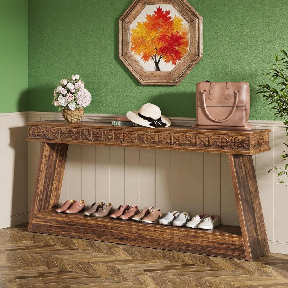 Dark Brown 2-Tier Long Console Table – Rustic Farmhouse Entryway & Sofa Display