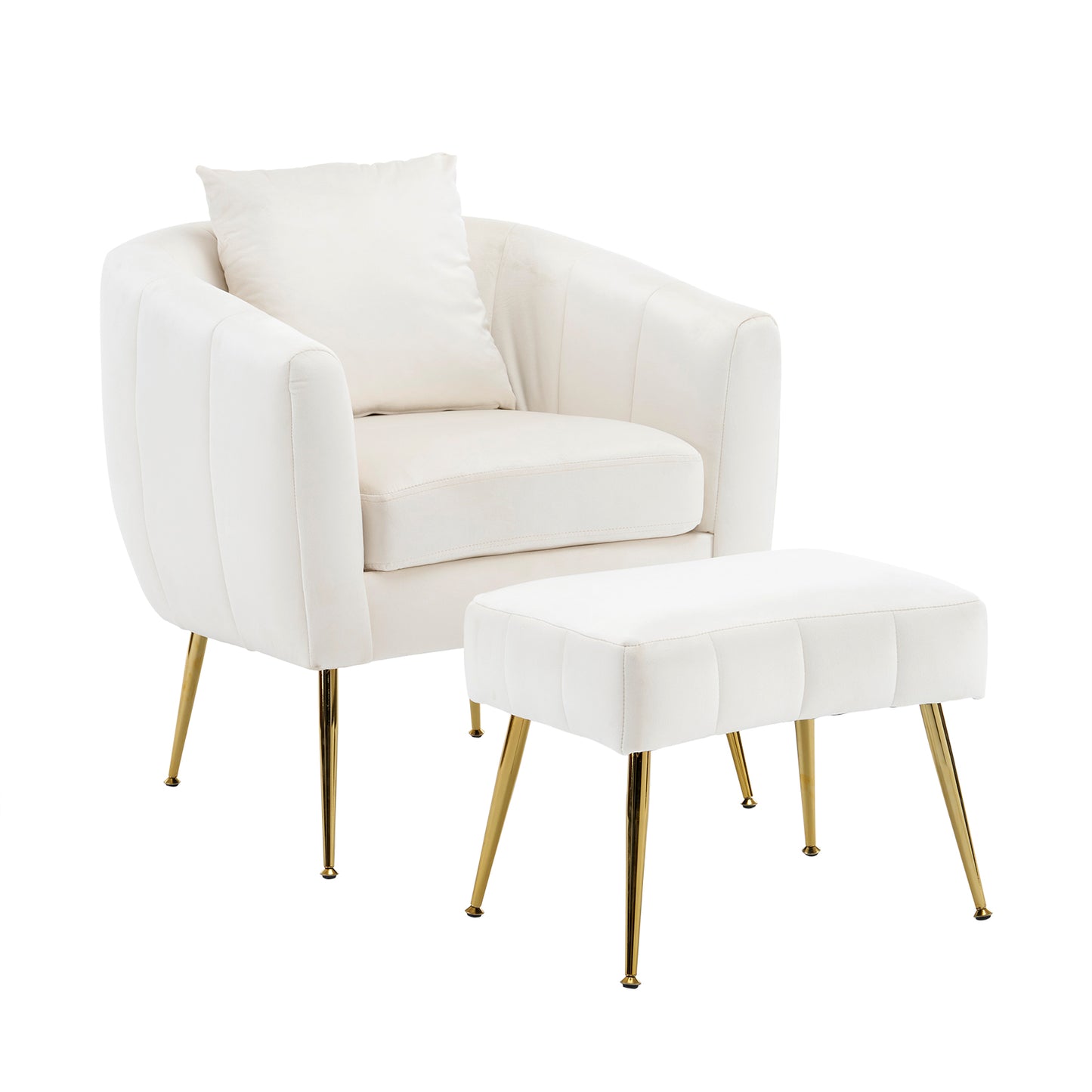 Velvet Barrel Chair with Ottoman & Lumbar Pillow – Off White  Accent Set