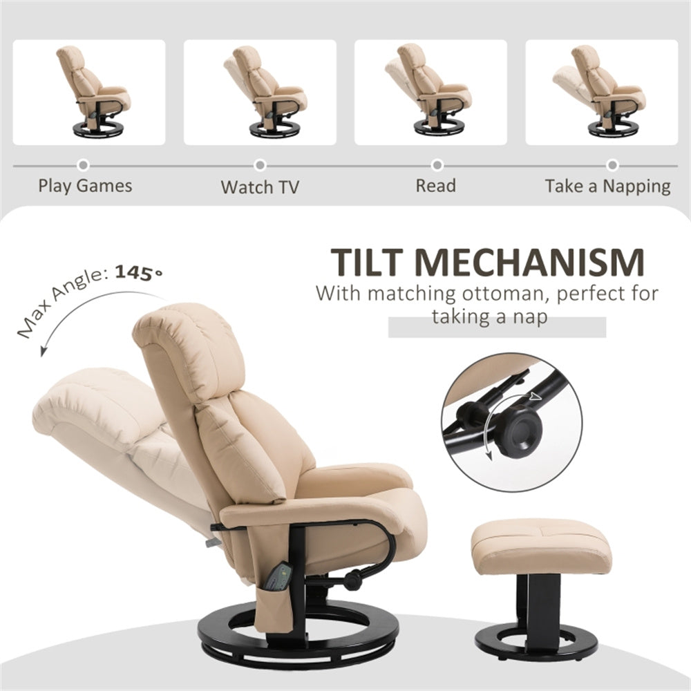 PU Leather Massage Recliner Chair with Ottoman & Remote, Beige