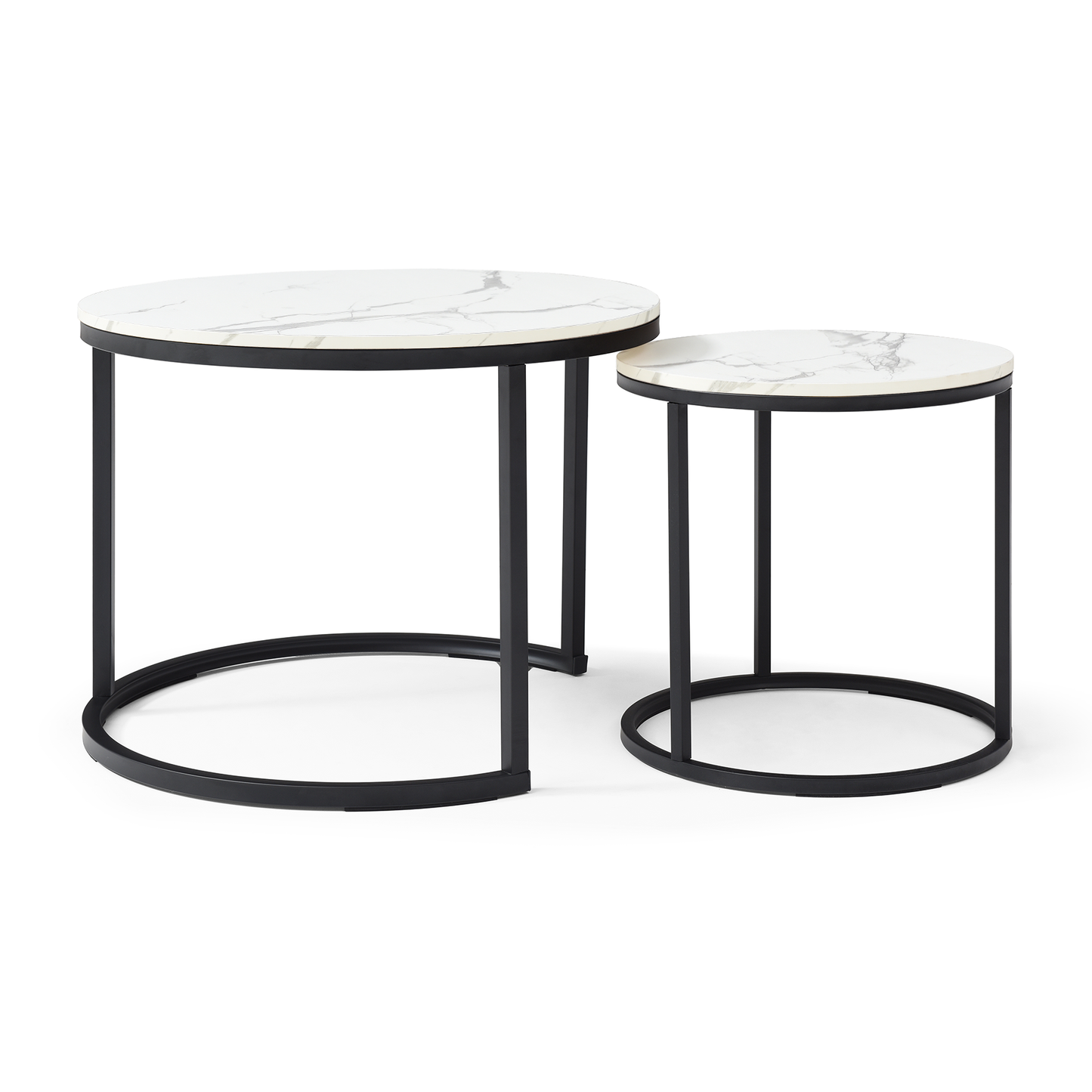 Set of 2 Nesting Coffee Tables – White & Gray Marble Top with Black Metal Frame