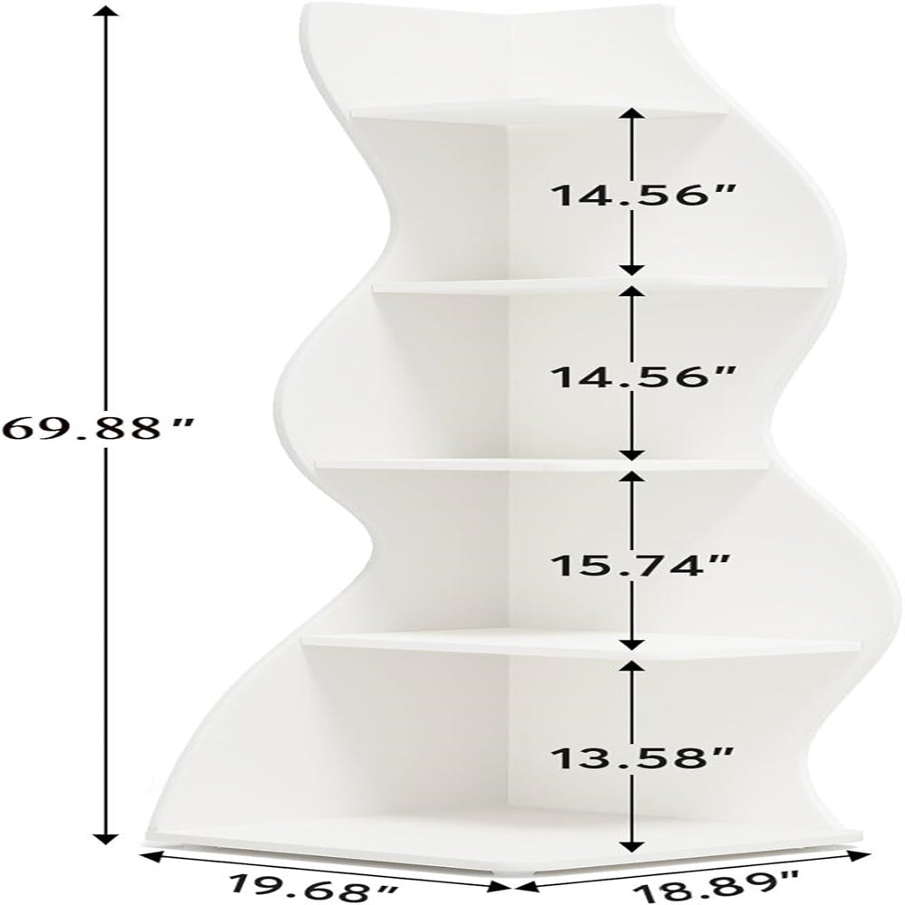 Bookcase Wavy 5-Tier White Corner Bookshelf – Modern Sculpted Storage Rack