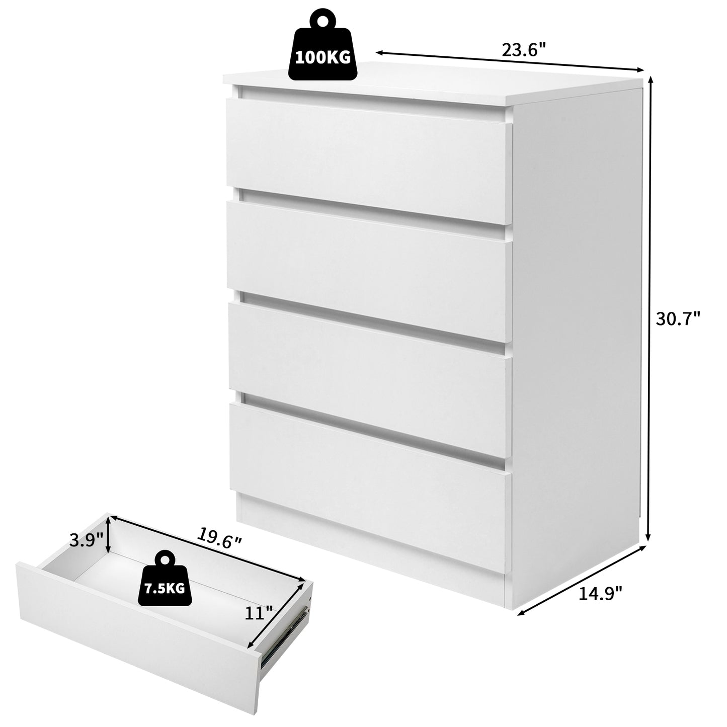 White Wood 4-Drawer Dresser – Compact Storage Cabinet for Bedroom or Living Room
