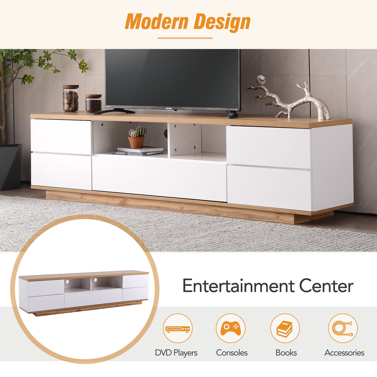 Modern TV Stand for 80'' TVs, Media Console with Storage & Rebound Doors