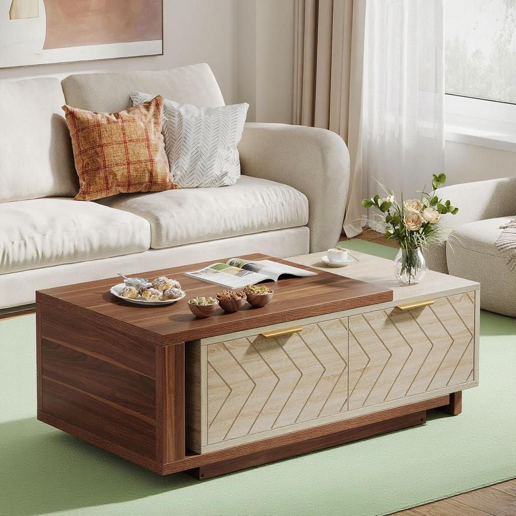 Walnut & Oak Expandable Coffee Table – V-Groove Drawers + Brass Pulls