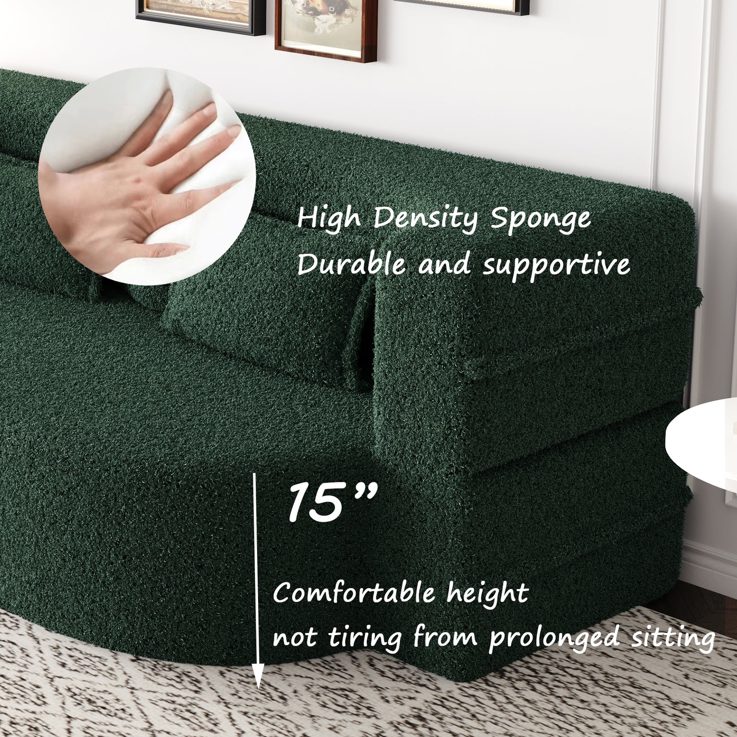 Green Teddy Fabric Convertible Floor Sofa Bed with 2 Pillows, Full Size 78"