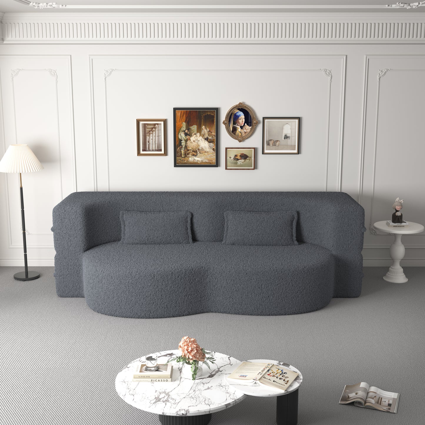 Modern Grey Teddy Fabric Floor Sofa Bed with 2 Pillows – Convertible & Space-Saving