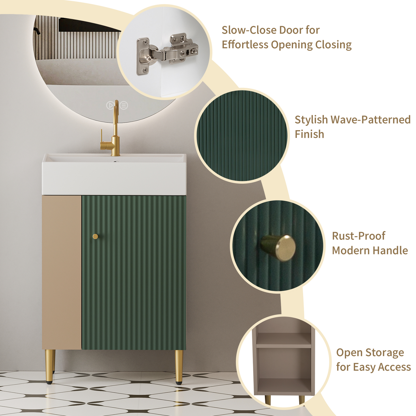 21.6" Bathroom Vanity with Sink, Open Shelf & Soft-Close Door, Green