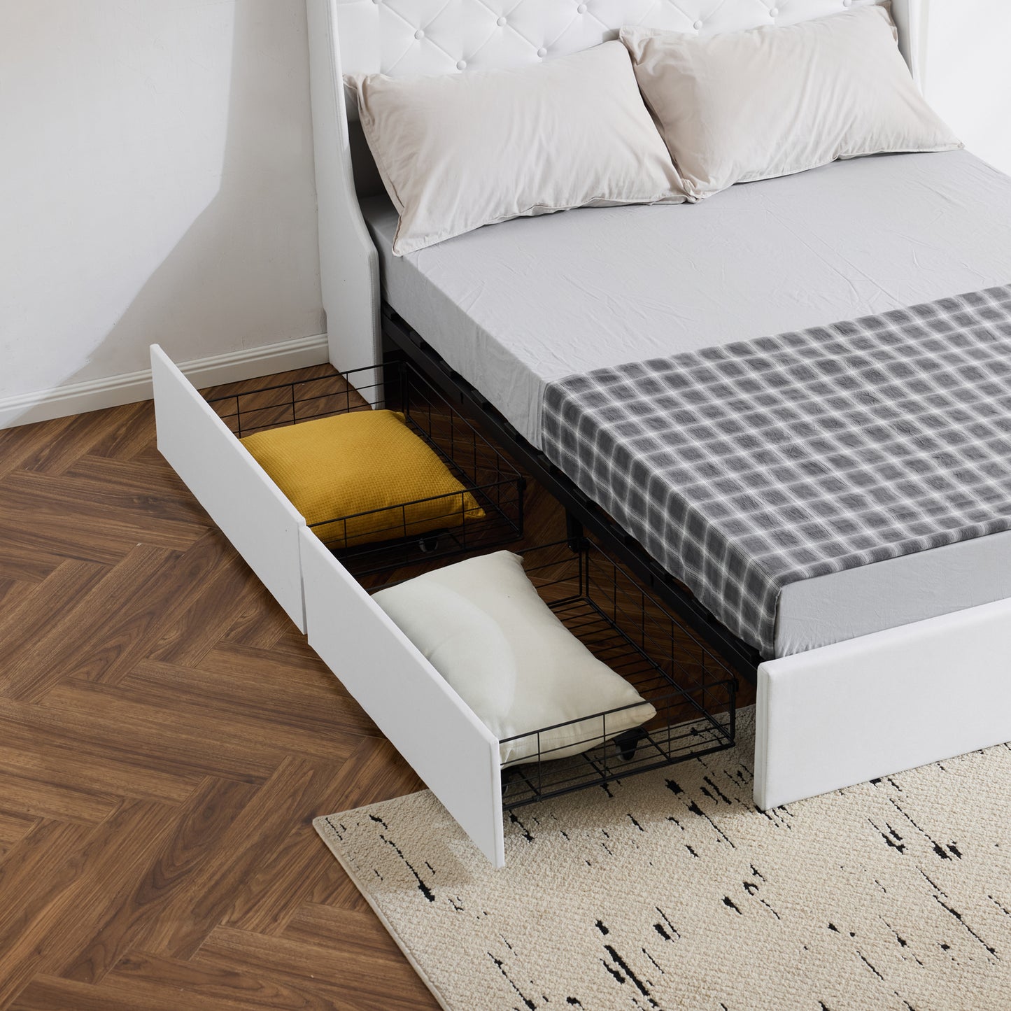 Queen Upholstered Storage Bed Frame with 4 Drawers & Wingback Tufted Headboard