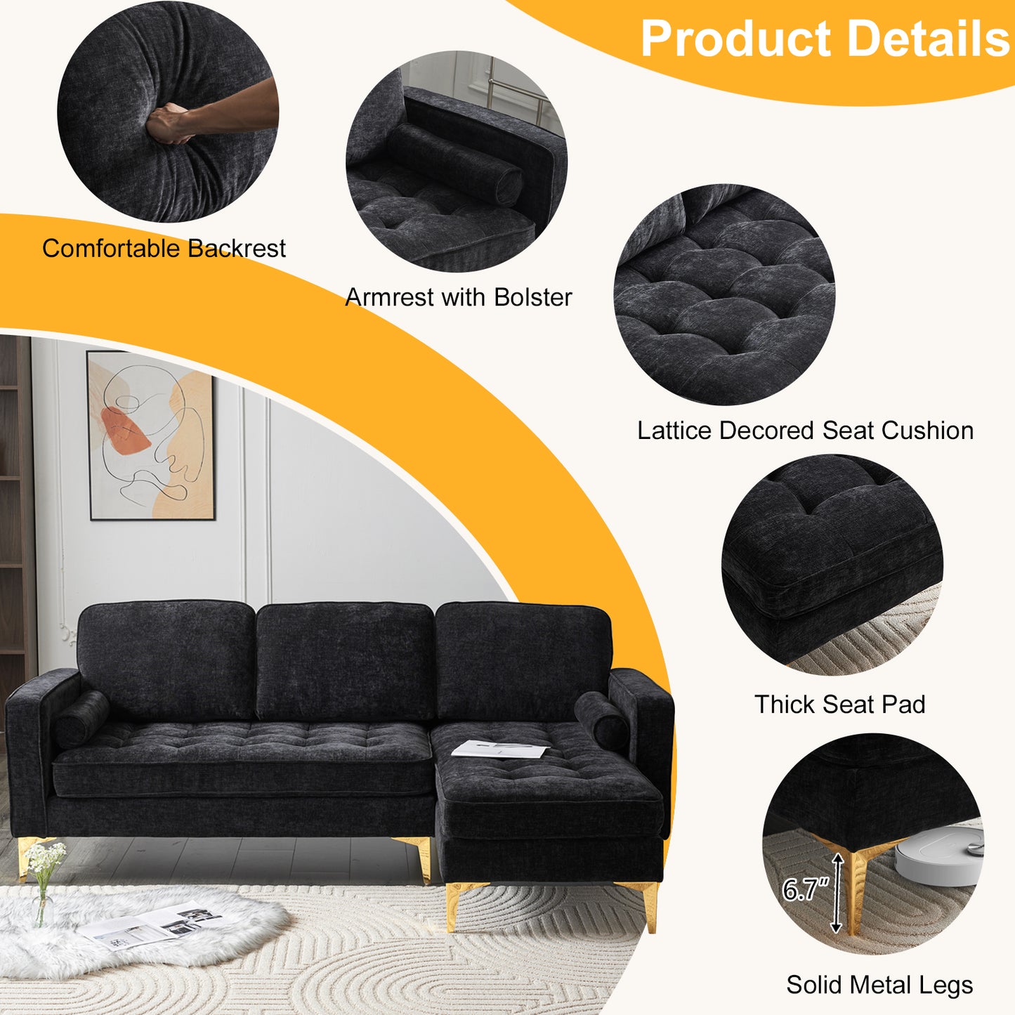 3-Seater Chenille Modular Sofa with Footstool, Gold Legs – Black