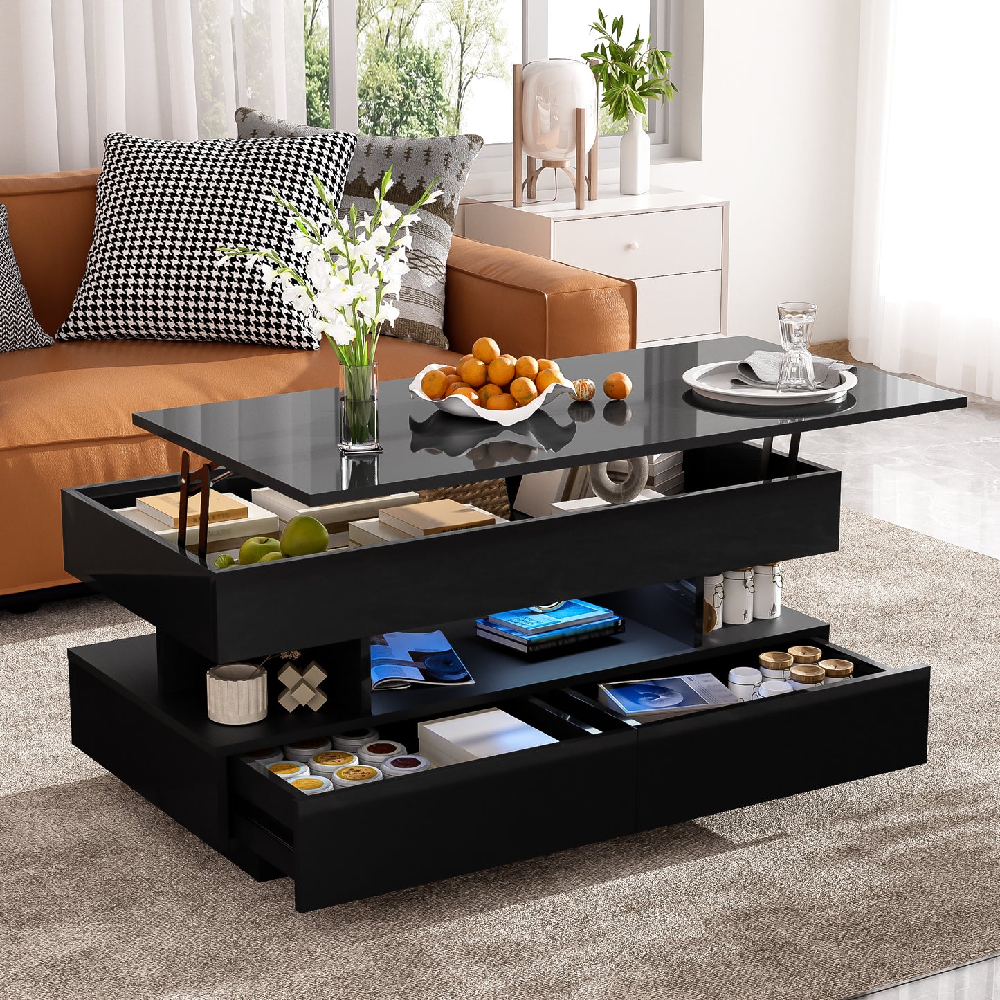 Black High-Gloss Coffee Table with Drawers, Extendable Top & 16-Color LED Lights