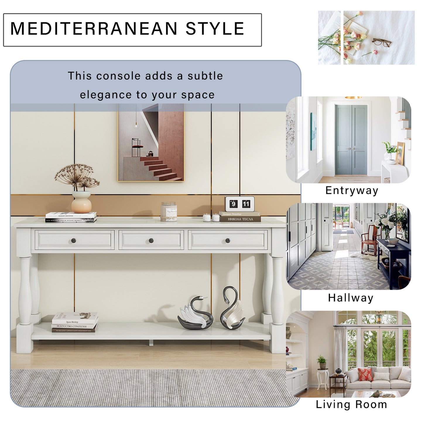 63" White Console Table with Drawers & Shelf for Entryway, Hallway, Living Room