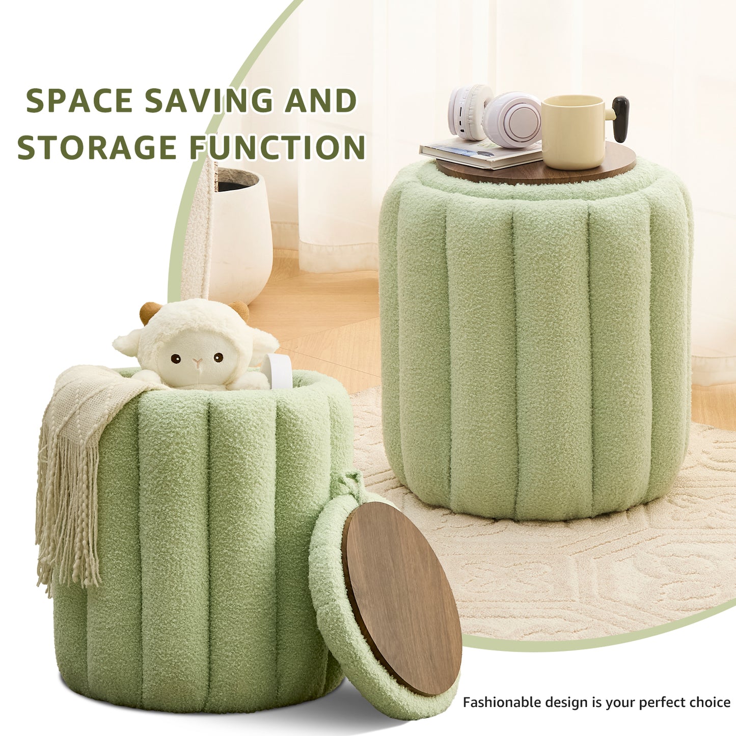 Teddy Velvet Ottoman with Storage, Round Padded Foot Stool for Makeup Room