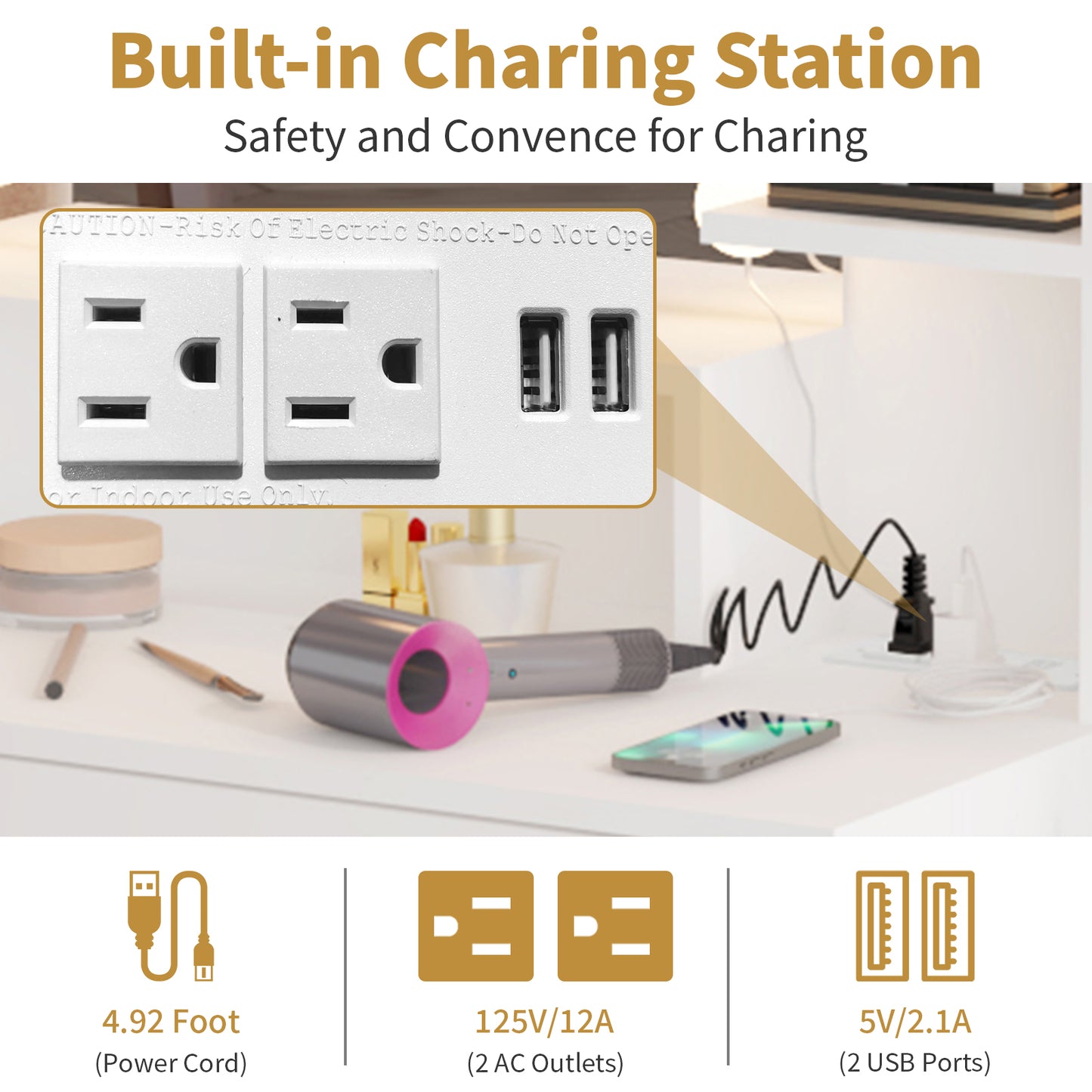 Large Vanity Table with Mirror, LED Lights, Drawers & Charging Station, White