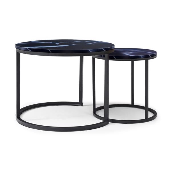 Set of 2 Nesting Coffee Tables – Round Black Frame with Marble Pattern Tops