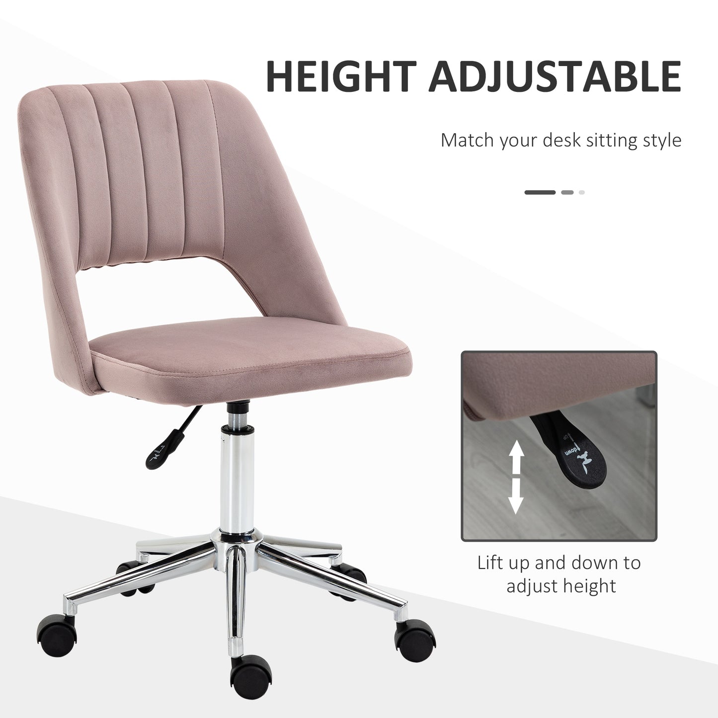 Modern Pink Velvet Office Chair – Adjustable Height, Swivel Base & Scallop Backrest