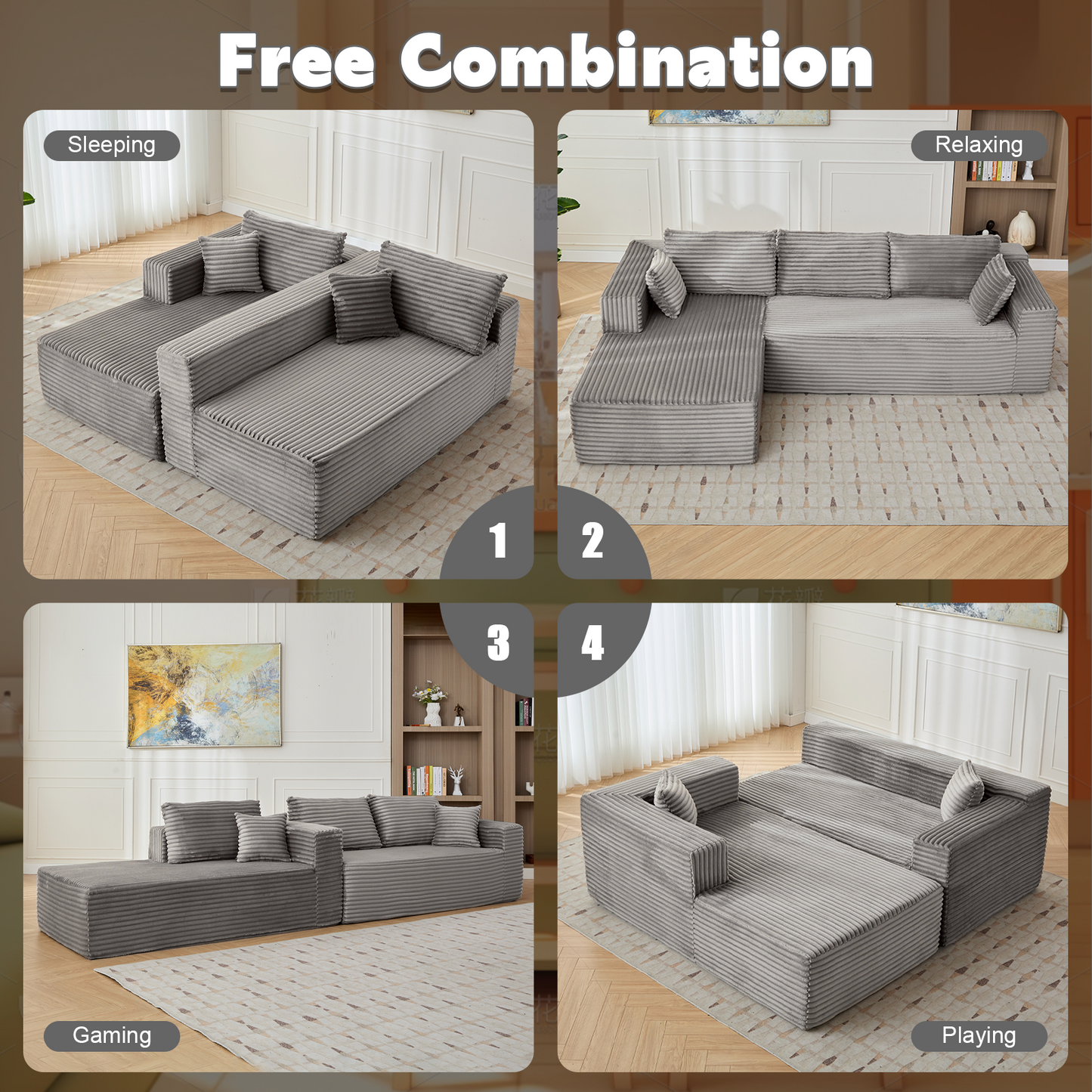 Modular L-Shaped Corduroy Sectional Sofa with Chaise – Grey