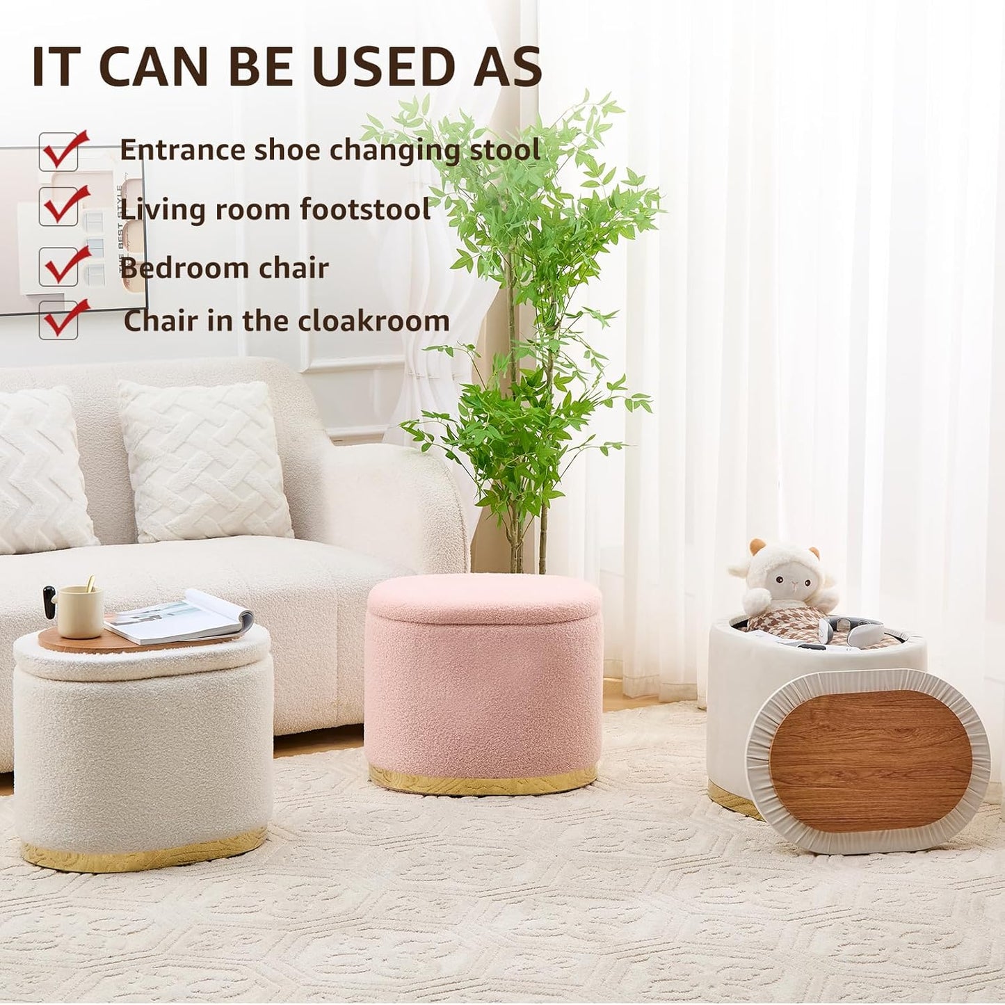 Round Storage Ottoman with Flip-Top Lid – White Upholstered Stool