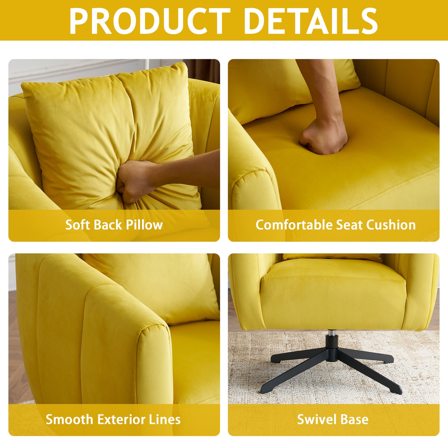360° Swivel Velvet Accent Chair with Fluffy Cushion – Yellow