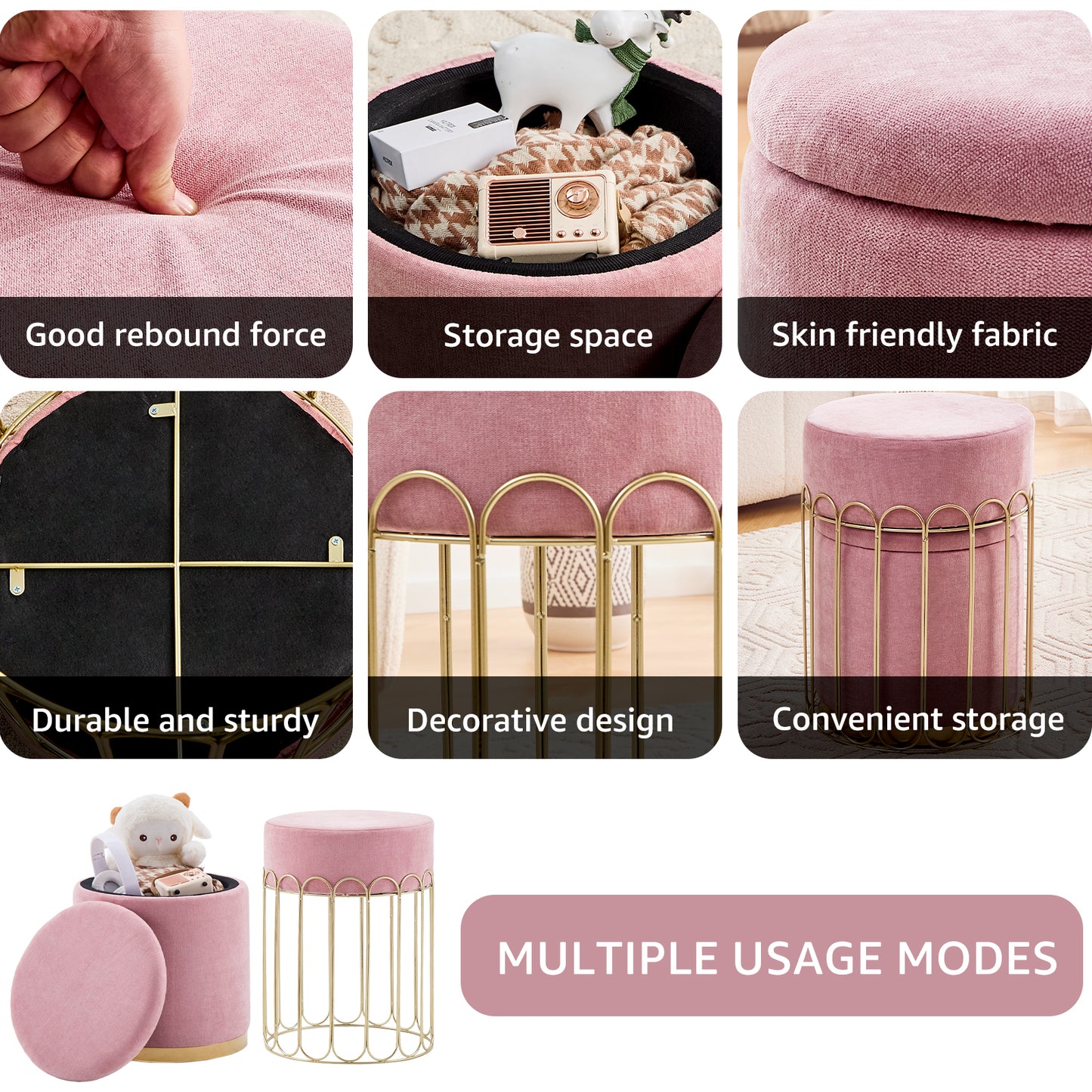 Set of 2 Round Velvet Storage Ottomans with Removable Lids – Pink