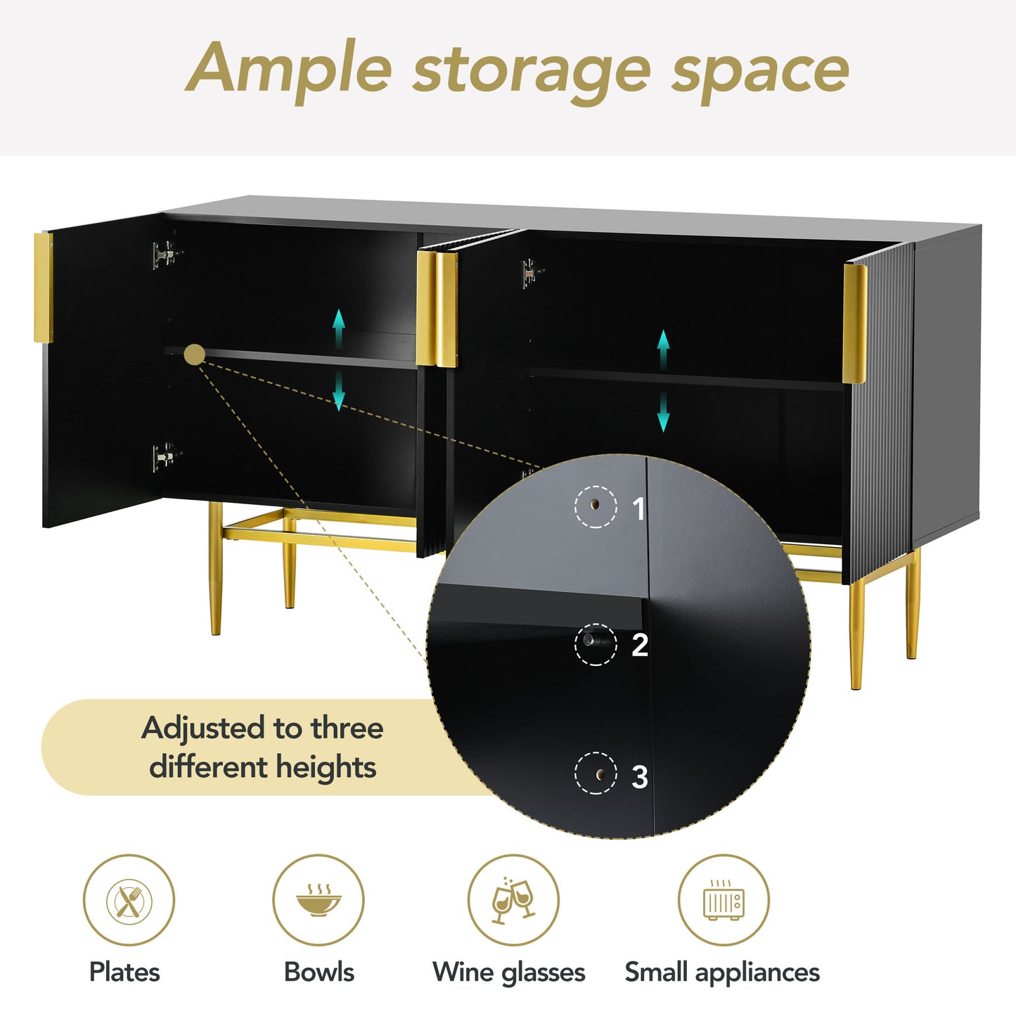 Modern 4-Door Sideboard Buffet Cabinet with Gold Handles, Black for Home Use
