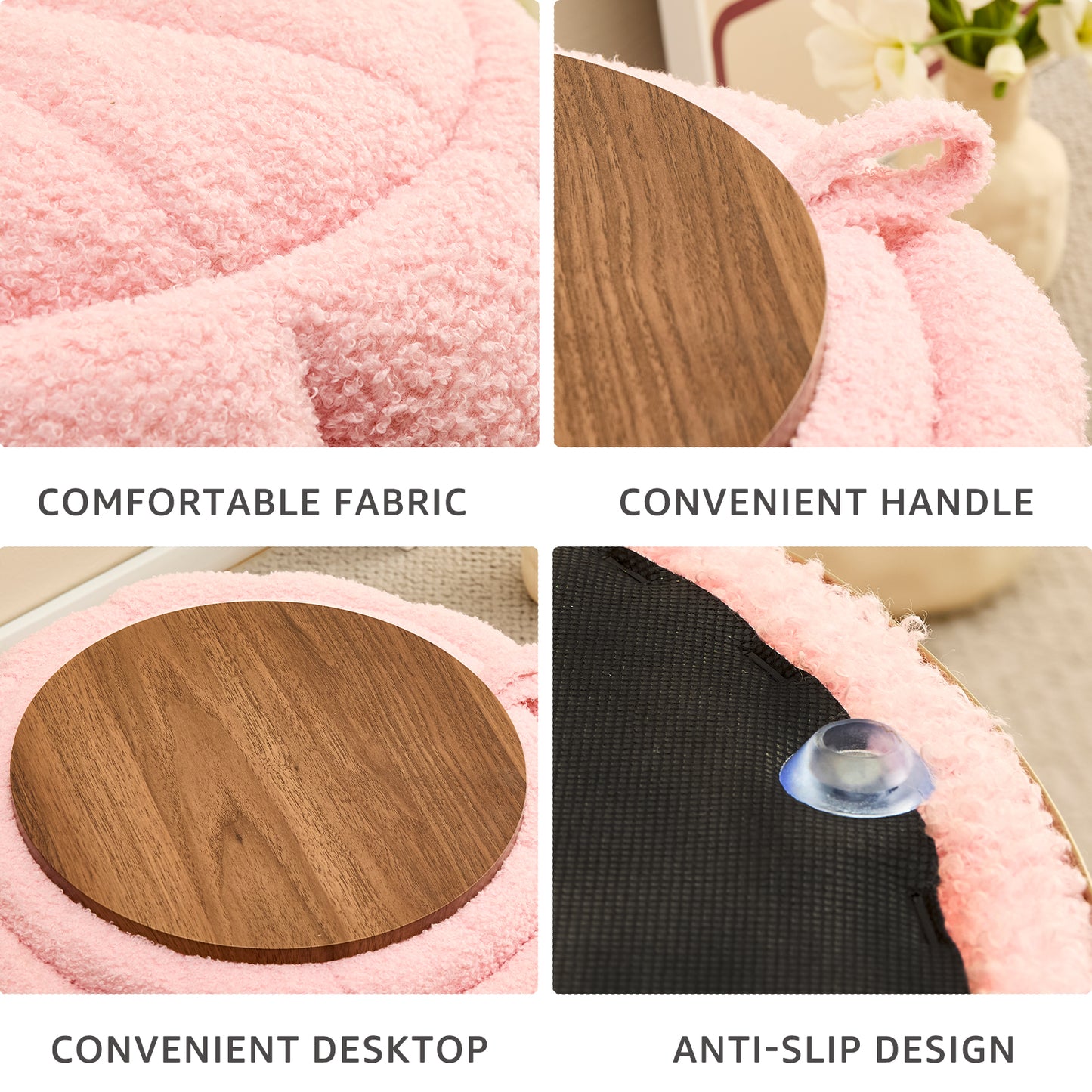 Teddy Velvet Ottoman with Storage, Round Padded Foot Stool for Makeup Room, Pink