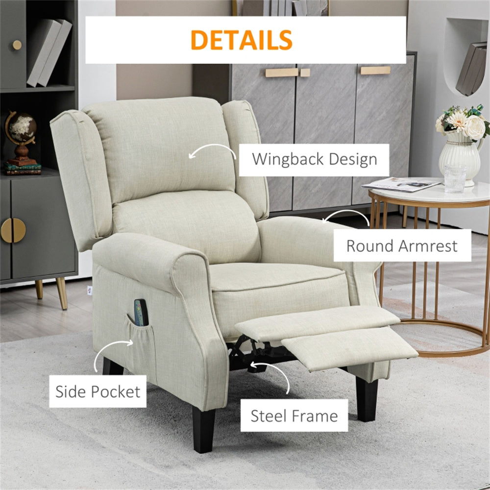 Heated Massage Recliner Chair with Lumbar Support – Manual Pushback, Off White