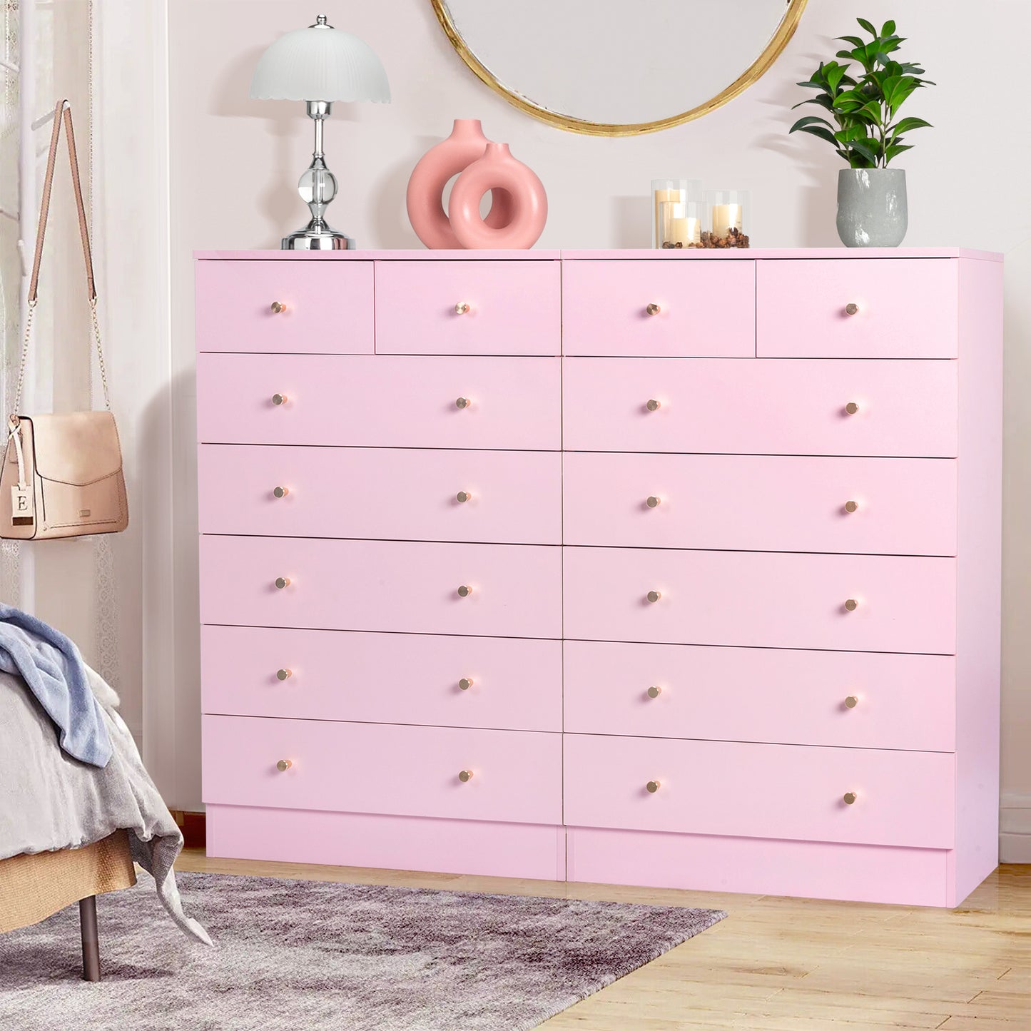 Modern Pink 7-Drawer Dresser – Space-Saving Storage for Bedroom or Home