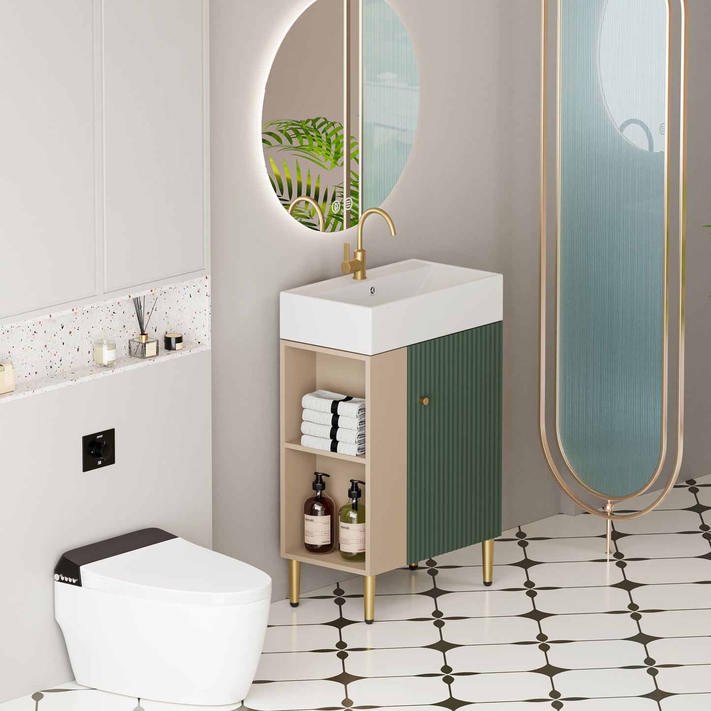 21.6" Bathroom Vanity with Sink, Open Shelf & Soft-Close Door, Green