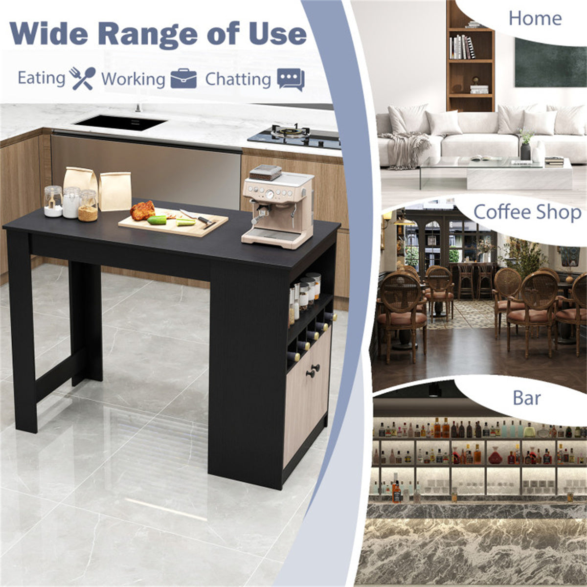 48" Black Kitchen Bar Table with Storage Cabinet and Built-In Wine Rack