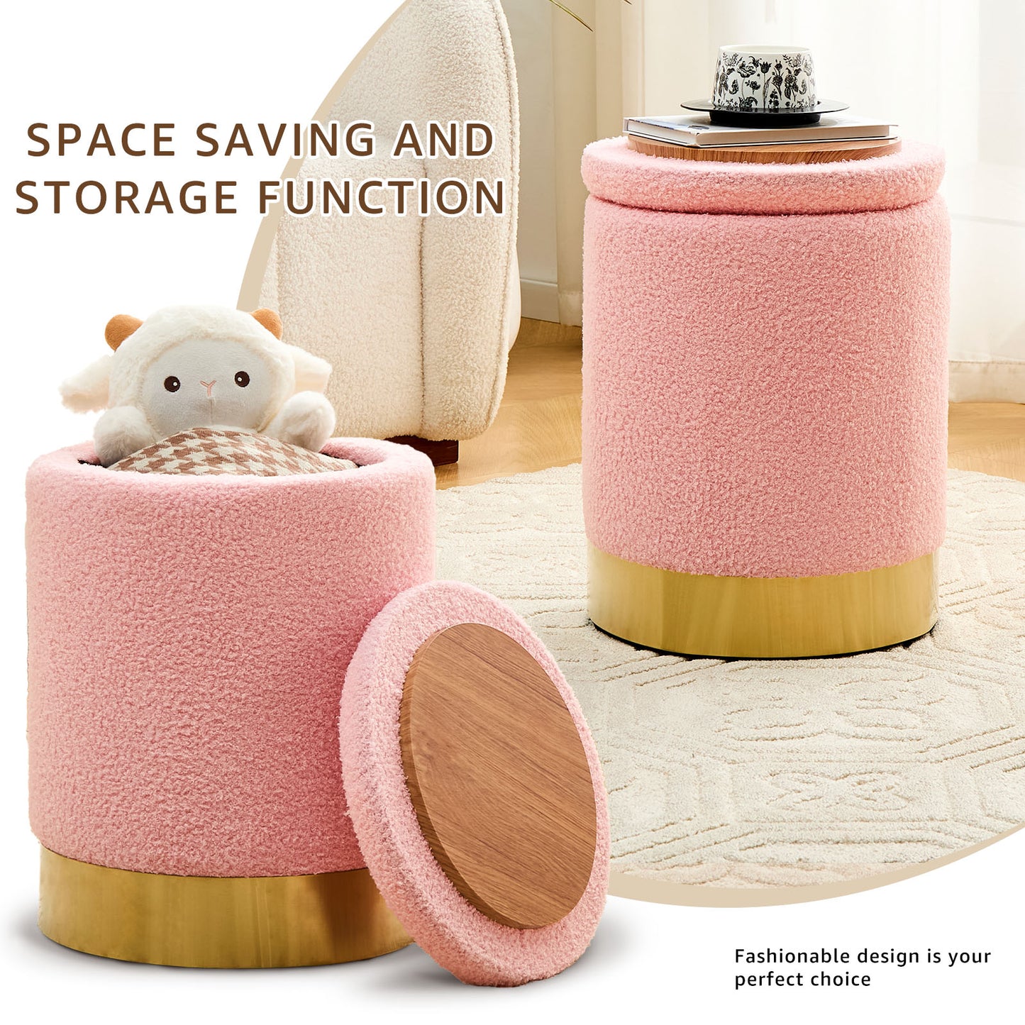 Teddy Velvet Round Ottoman Stool with Storage, Padded Seat, Metal Base, Pink