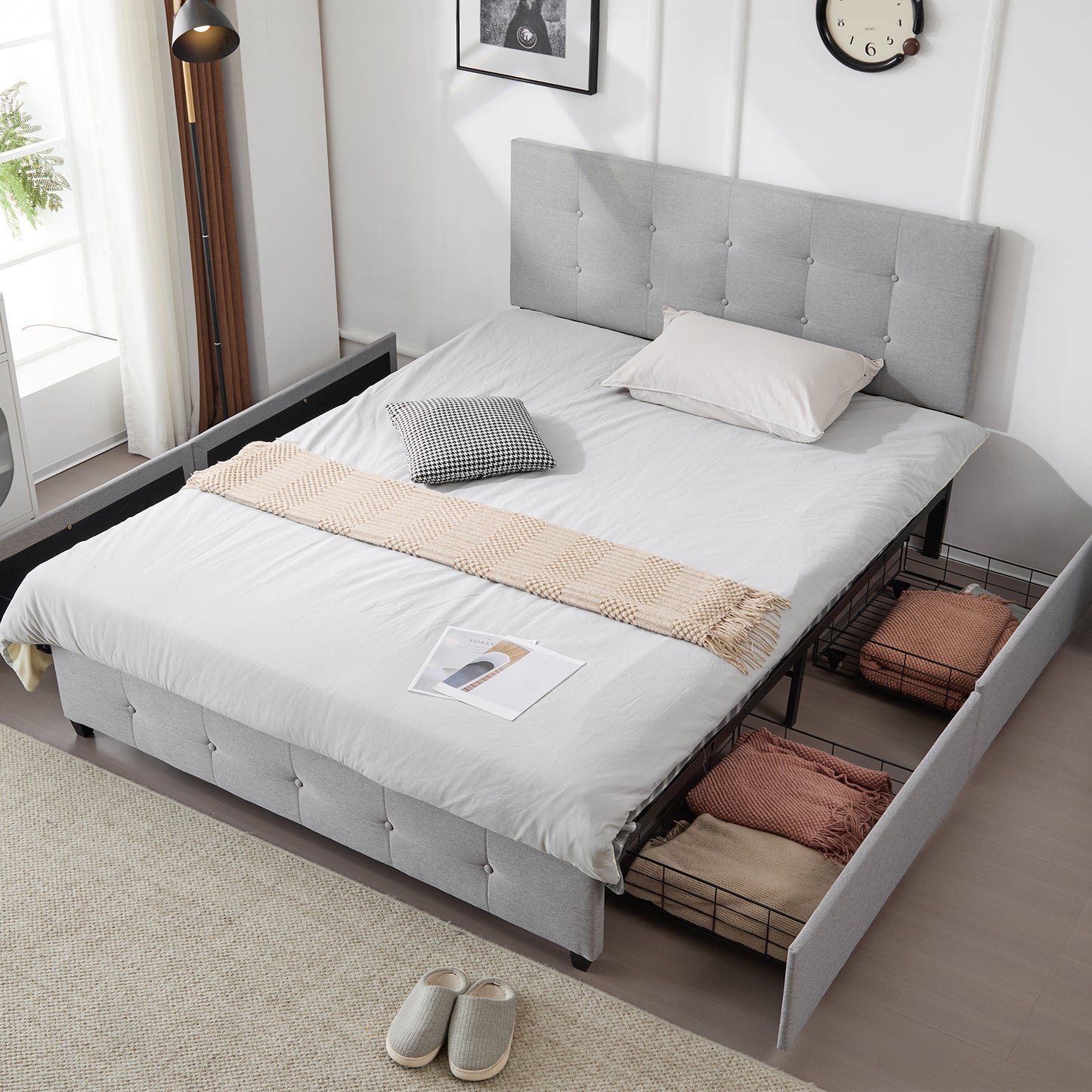 Queen Upholstered Platform Bed with 4 Drawers & Adjustable Tufted Headboard