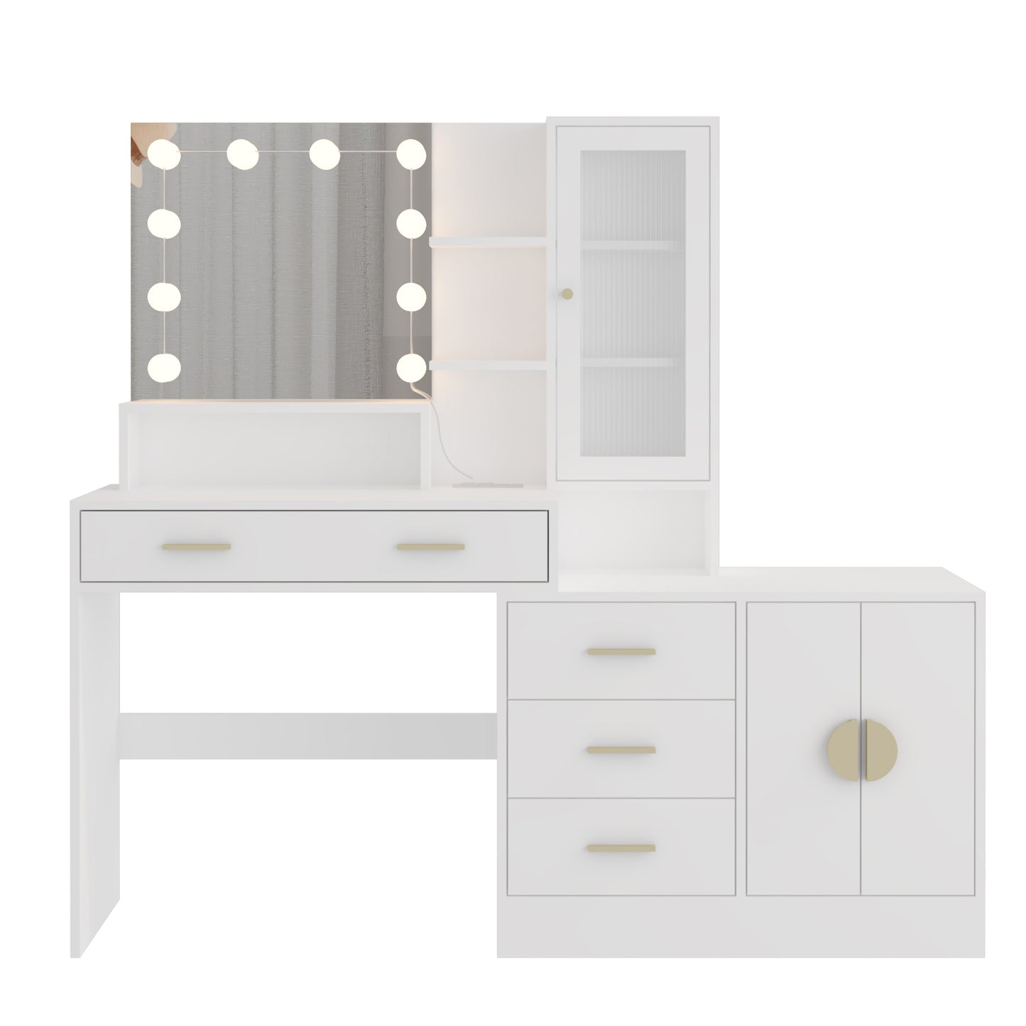 Large Vanity Table with Mirror, LED Lights, Drawers & Charging Station, White